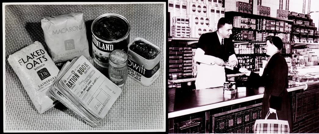 Products and points
(left) Sainsbury’s flaked oats, macaroni and other products with a ration book; and a customer being served at the counter, with coupons being cut from her ration book. (ID nos: SA/PKC/PRO/3/1/3; SA/WAR/2/IMA/1/9)
