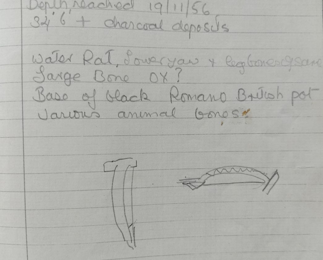 Notes with a drawing of the brooch, and mentioning some of the other finds such as water rat bones.  (©Museum of London)