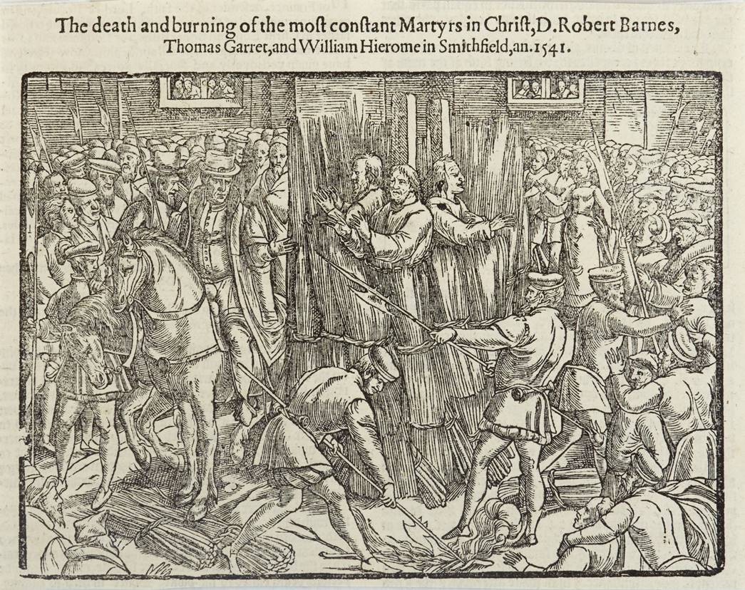 Martyrdom at Smithfield
Woodcut showing the martyrdom of Barnes, Garret and Hierome in 1541, by being burnt at the stake at Smithfield. (ID no.: 48.11/619)
