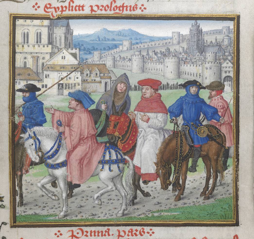 Pilgrims on the road  
Chaucer’s pilgrims on the road to Canterbury from ‘The Siege of Thebes’, by John Lydgate, England, 1457–60. (Courtesy: British Library, Royal MS 18 D II, f. 148r)
