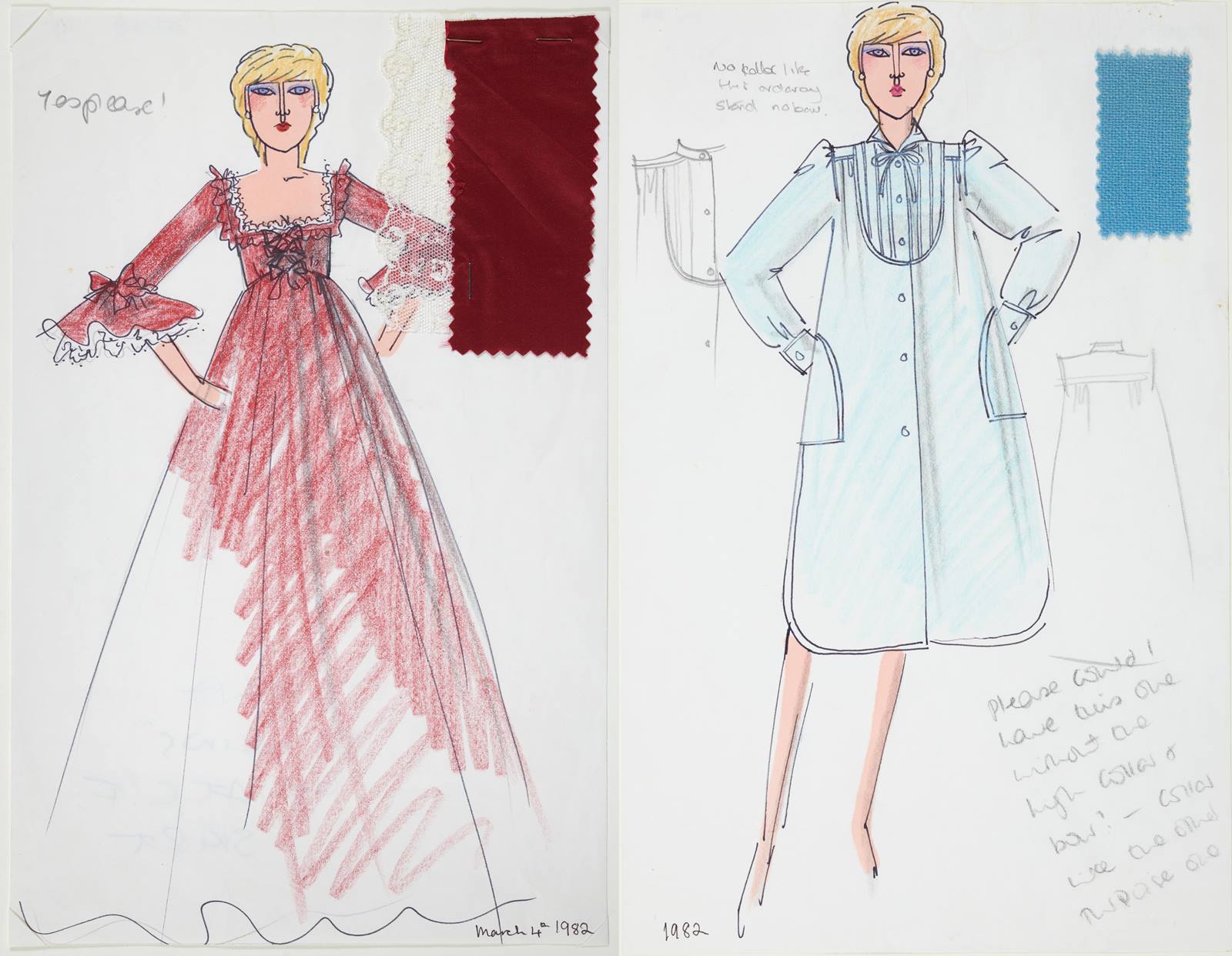 Sketches of Princess Diana’s dresses by David Sassoon
Diana had more 70 Bellville Sassoon outfits made between 1981 and her death in 1997. Her annotations here demonstrate her involvement in the process of having a dress designed. (Courtesy Historic Royal Palaces/ The Gift of David Sassoon) 
