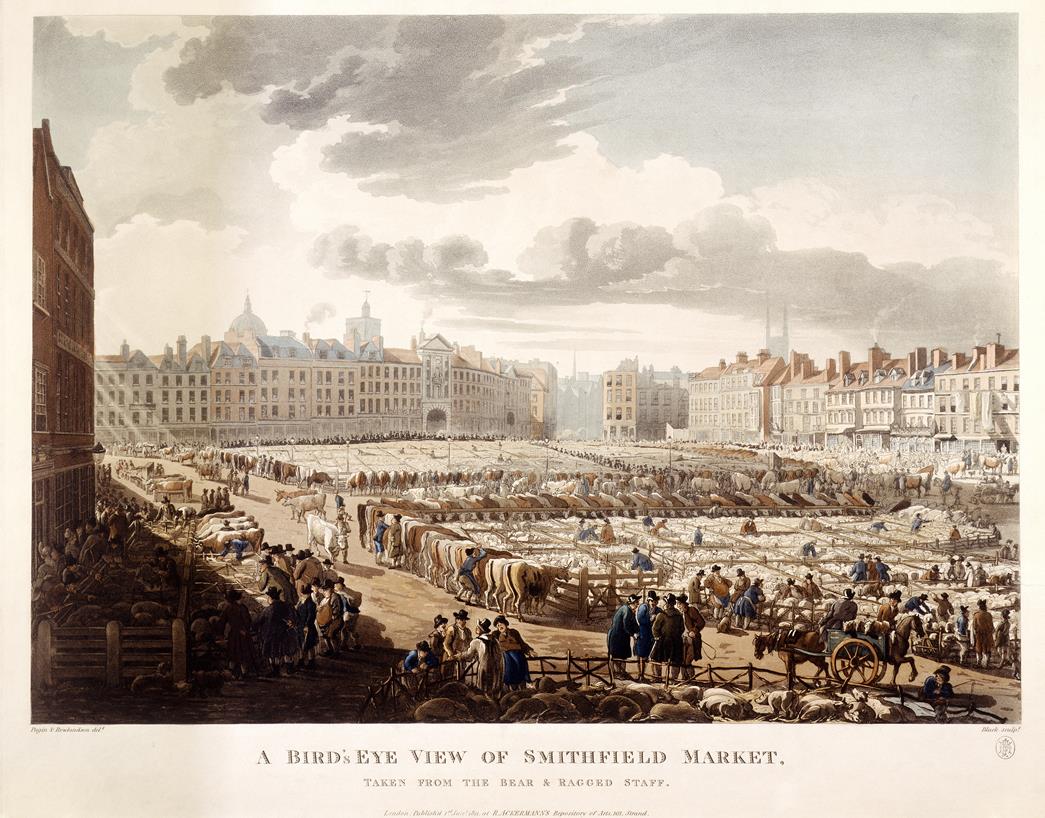 A bird’s-eye view of Smithfield Market
A livestock market was established at Smithfield as early as the 10th century. In 1811, when this print was executed, Smithfield – despite being described as a slum – boasted an excellent livestock market. (ID no.: A18115)
