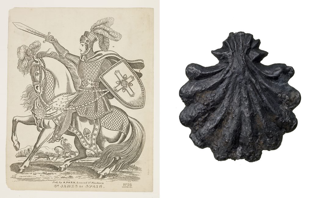 St James’ symbol
(left) A portrait print with engraving representing St James of Spain; and (right) a pilgrim badge from the shrine of St James in Santiago de Compostela in north-west Spain.
