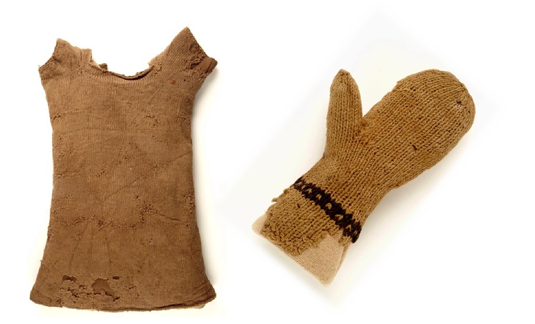 The most unusual knitted objects in the collection are two garments that were worn by Tudor children: a mitten, and an infant’s vest. (ID nos: 39.108/1; A1989) 