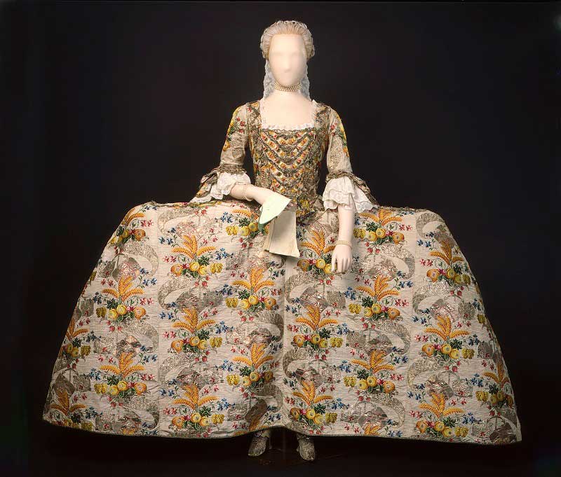 Silk 18th century mantua dress decorated with hay bales, anchors, barley and hops.  