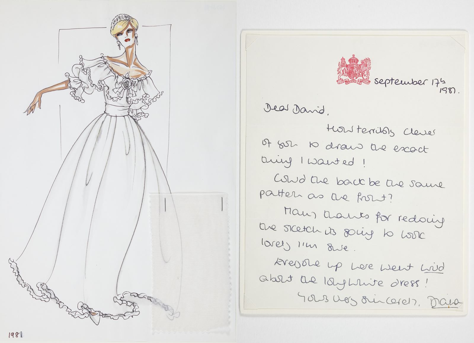 Sketches of Princess Diana’s dresses by David Sassoon
Diana had more 70 Bellville Sassoon outfits made between 1981 and her death in 1997. Her annotations here demonstrate her involvement in the process of having a dress designed. (Courtesy Historic Royal Palaces/ The Gift of David Sassoon) 
