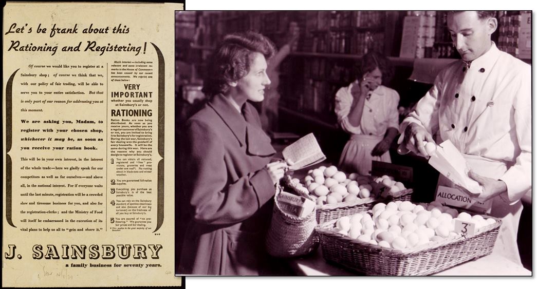 Rationing and registering
(left) A 1939 newspaper ad encouraging customers to register their ration books quickly; (right) a customer with ration book being served with eggs, 1940–53. (ID no.: SA/MARK/ADV/1/1/1/1/1/6/20/7; SA/WAR/2/IMA/1/8)
