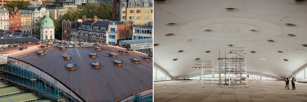 Engineering marvel
The exterior (left) and interior of the Poultry Market's roof – a single-span, unsupported concrete roof – which was the largest of its kind in Europe in the 1960s. (© Luke Hayes and © Will Scott for Stanton Williams 2023)
