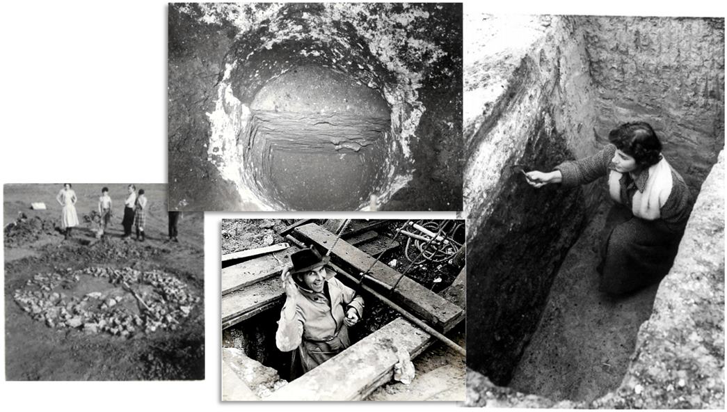 Photographs from the excavation site, showing different stages of the 55ft-deep well, including Excavation Director Madeleine Blumstein (better known as Madeleine Ginsburg) and reporter G. Ackorn inspecting it. 