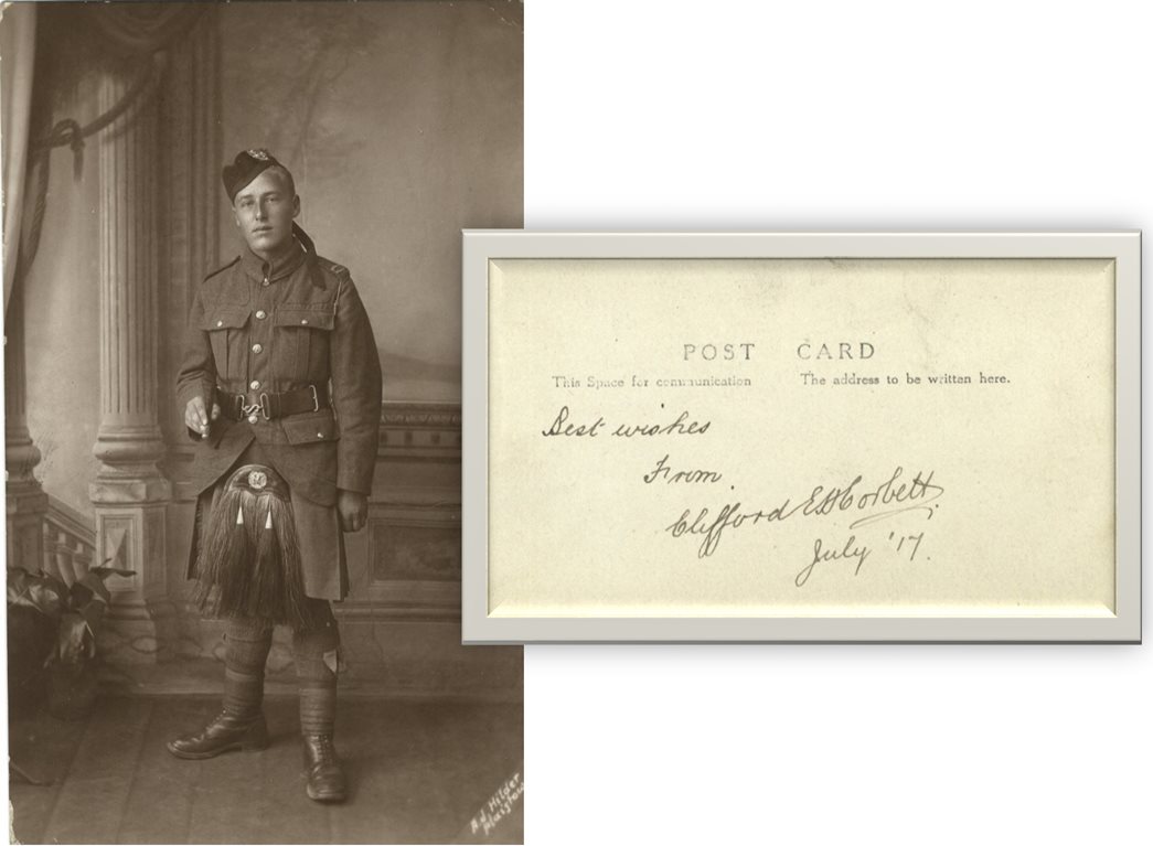 C.E.H. Corbett in his Gordon Highlanders uniform, signed by him on the reverse (inset). (ID: PLA/PLA/STO/2/1/6)