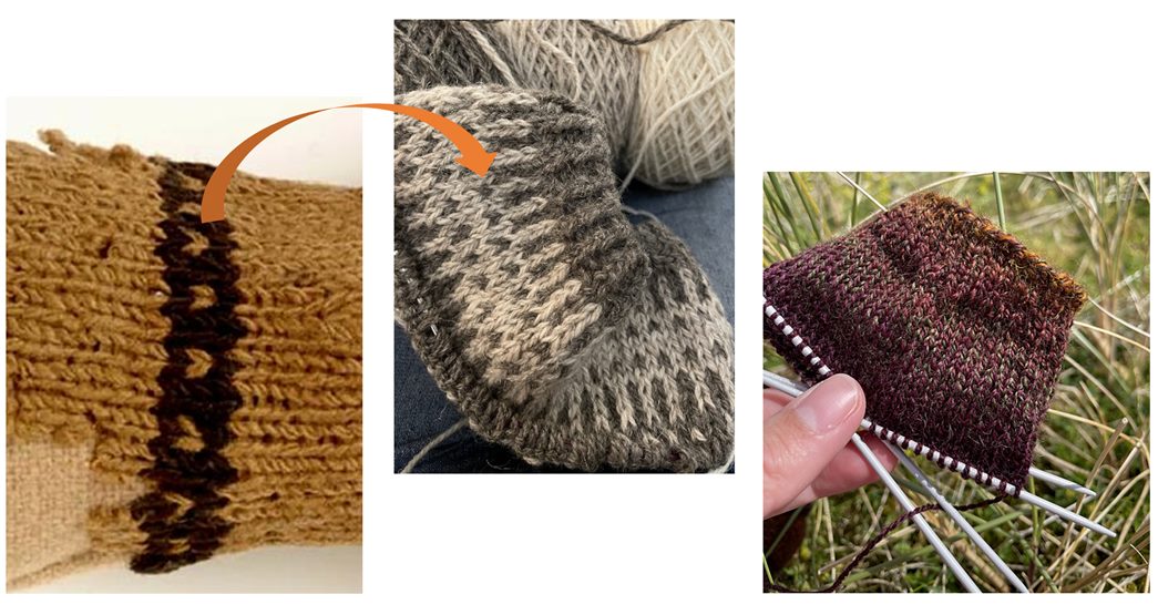 The basic practices of knitting have not changed. The stitch used in my jumper (middle) is the same as that used on the Tudor mitten (left). I also occasionally use multiple needles to knit ‘in the round’ (right).