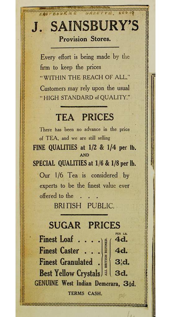 A tea and sugar newspaper ad 
19 August 1914. (ID no.: SA/MARK/ADV/1/1/1/1/1/6/2/44)
