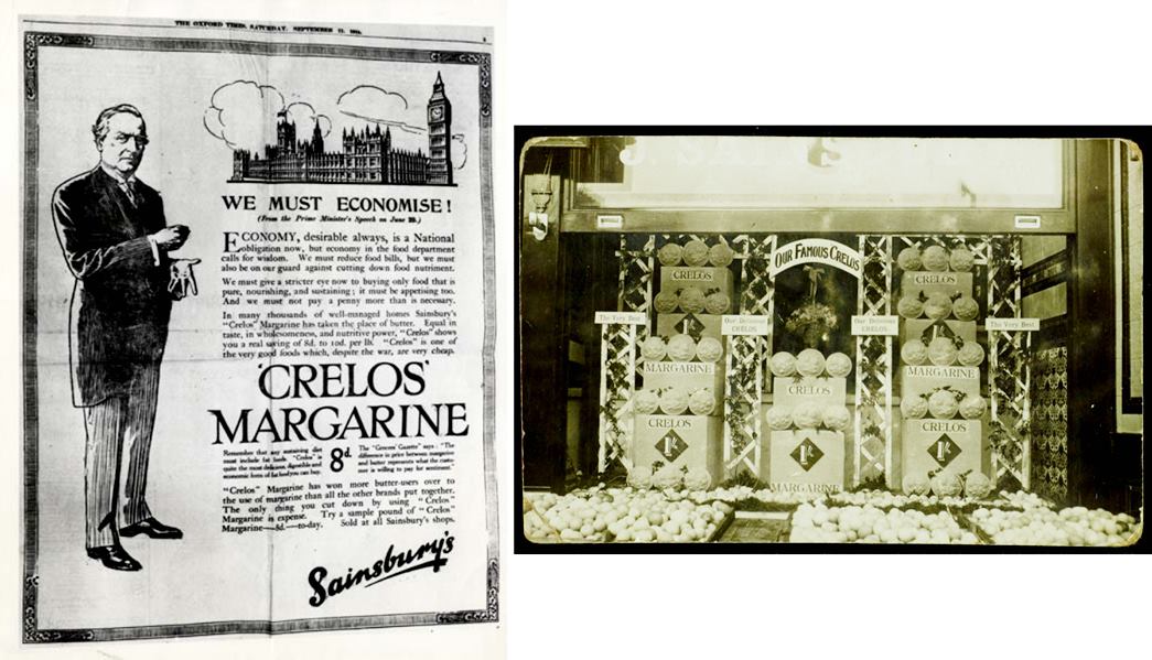 Crelos: ‘the most delicious form of fat food’
(left) A Crelos margarine ad, 1915, featuring the PM Herbert Asquith; and (right) a Crelos window display at a Catford branch, 1900s-1930s. (ID nos: SA/MARK/ADV/6/1/IMA/3; SA/BRA/7/C/8/2/3)
