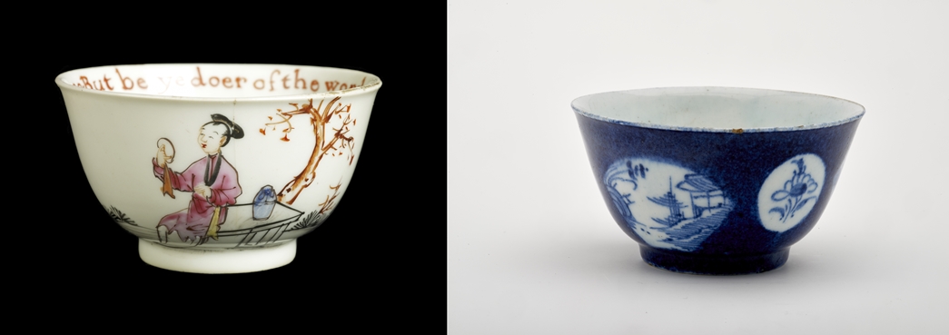 Porcelain tea bowls, 18th century
Tea bowls such as the one imported from China (left) and those made in England but with Chinese designs were popular among tea drinkers. (ID nos.: 57.51/170a; 74.3/10)
