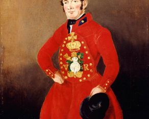 Painting of a royal bargeman in ceremonial uniform.